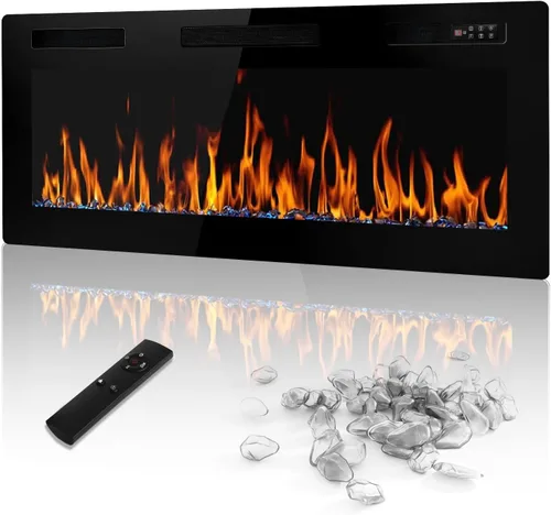 Miniatura 12 de LEMBERI Chimenea eléctrica de 50 pulgadas empotrada y montada en la pared, calentador de 750/1500 W y chimenea lineal con panel de control