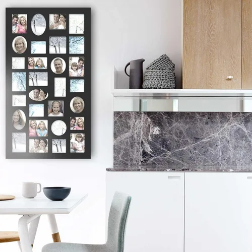 Miniatura 8 de Adeco PF9105 - Marco de fotos decorativo de madera negra para colgar en la pared, 29 aberturas, varios tamaños entre 3.25 x 2.75 pulgadas y 4.5 x 4