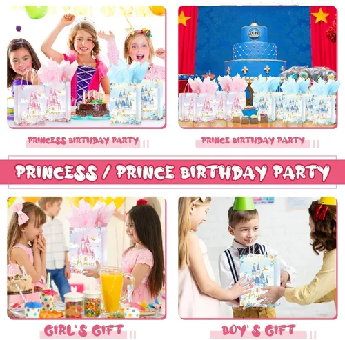 Miniatura 4 de Nezyo 16 bolsas de recuerdo de fiesta de princesa príncipe con asas y papel de seda, bolsas de regalo para cumpleaños, baby shower, regalos