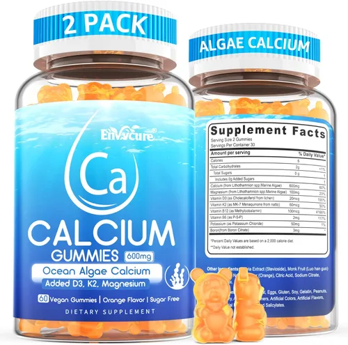 Gomitas de calcio de 600 mg - Suplemento de calcio para mujeres, algas oceánicas calcio | Vitamina D3, K2, magnesio | para fortaleza ósea, músculo e