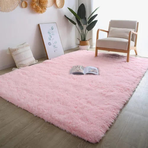 Miniatura 4 de CAIYUECS Alfombra rosa para dormitorio de niñas: alfombras de pelo largo para sala de estar, 4 x 6 pies, antideslizantes, modernas, peludas, de piel