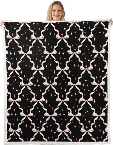 Miniatura 40 de Manta de franela con lazo rosa, manta de vellón con lazo en acuarela para decoración del hogar, sofá, sofá, manta de forro polar kawaii de dibujos