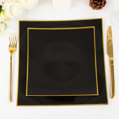 Miniatura 6 de Tableclothsfactory Paquete de 10 platos llanos cuadrados cóncavos de plástico duro de 8 pulgadas negro/dorado, platos desechables para fiestas