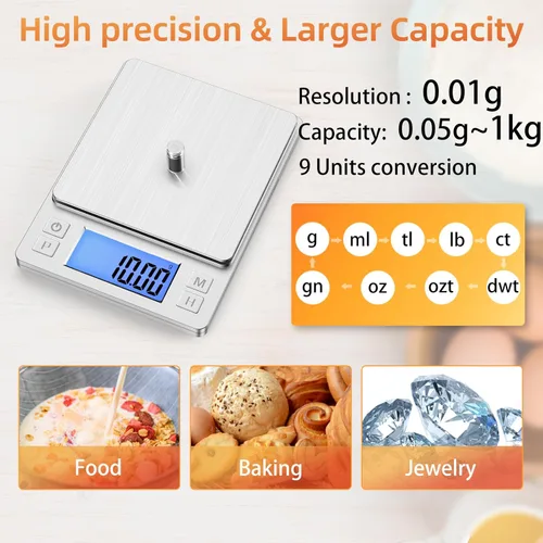 Miniatura 2 de BOMATA 0.01g Báscula digital de gramos pequeña, USB recargable, báscula de joyería mejorada de 1kg con pantalla más grande y función de retención