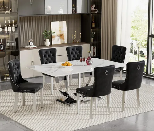 Miniatura 9 de HomVent Juego de mesa de comedor rectangular para 4, juego de mesa de cocina rectangular, juego de mesa de comedor de mármol sintético, juego