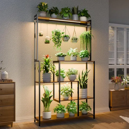 MJOMKN Soporte grande para plantas de interior con luz de crecimiento, estante de metal para plantas de 72 pulgadas de alto, soporte para 12 macetas