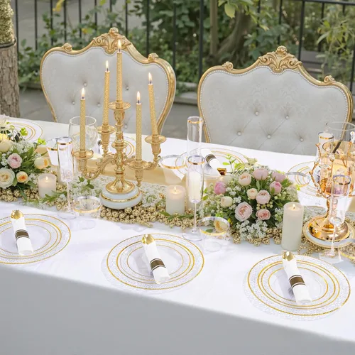Miniatura 8 de Ciaell 350 piezas de platos de plástico transparentes con ribete dorado para 50 invitados, incluye 100 platos de plástico, 50 servilletas Claro
