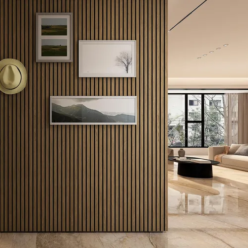 Miniatura 6 de 4 paneles de pared de listones de madera acústica 3D, absorción de sonido con cancelación de ruido, decoración de pared interior de teca natural