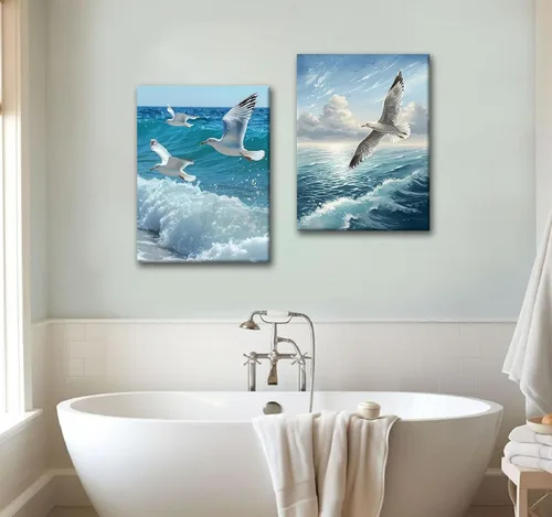 Miniatura 6 de 2 lienzos enmarcados para pared, impresiones artísticas de gaviotas volando sobre olas del océano, póster de pintura náutica costera, galería