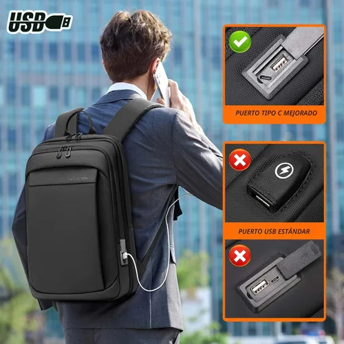 Miniatura 6 de FENRUIEN Mochila de trabajo para hombres, mochila expandible resistente al agua con puerto de carga USB C, mochila negra para laptop 15.6