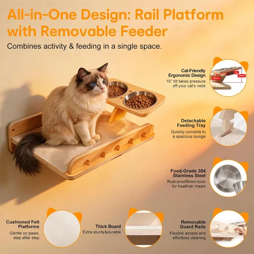 Miniatura 5 de Estantes de pared 5 en 1 para gatos de interior, muebles de gato montados en la pared con estación de alimentación y hamaca extra ancha, escalador