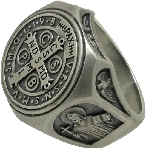 Miniatura 3 de Anillo de plata de ley 925 de San Benito para hombre, exorcismo católico cristiano, protección demoníaca
