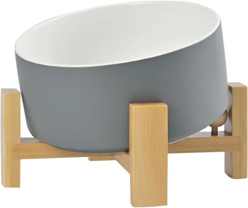 Miniatura 17 de SPUNKYJUNKY Cuenco de cerámica inclinado de 15° para perros y gatos con soporte de madera, cuenco inclinado para comida y agua para bulldog Blanco