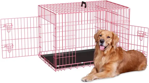 Jaula para perros de 48 pulgadas, jaulas plegables de alambre mental, jaulas para perros grandes, para exteriores, interiores, mascotas, XL, con Rosa