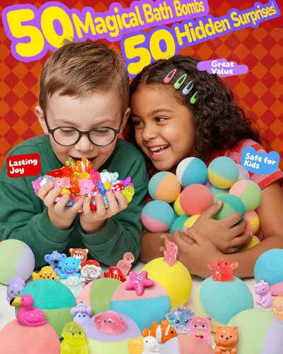 Miniatura 6 de Paquete de 50 bombas de baño para niños con sorpresa en el interior, algunos juguetes que brillan en la oscuridad, bolas de baño naturales hechas a