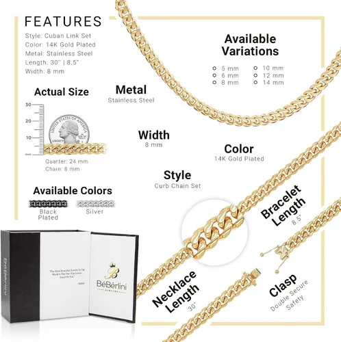 Miniatura 3 de BEBERLINI Cuban Link Chain 14K Gold Plated Curb Customizable Necklace 30 Bracelet 85 9 Stainless Steel Fashion Jewelry Set For Men 6 mm - 14 mm
