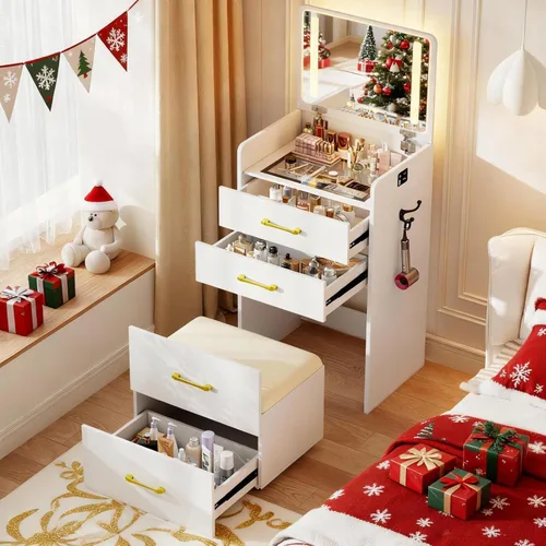 Miniatura 22 de Escritorio de tocador 3 en 1 con espejo abatible y luces, mesa de tocador de maquillaje con parte superior de vidrio con estación de carga, tocador