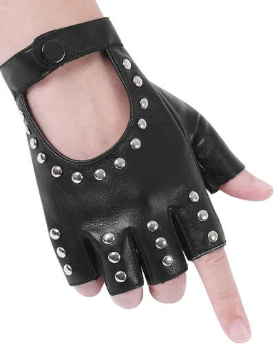FLORVIV Guantes negros sin dedos de piel sintética gótica gótica cosplay disfraz punk Halloween actuación para mujeres