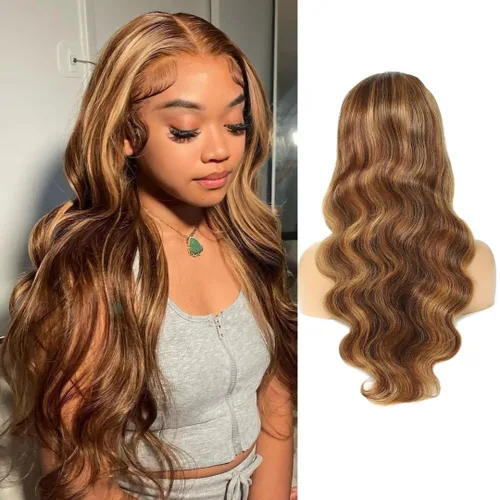 Miniatura 11 de ALHER Pelucas de cabello humano con encaje frontal de gorra pequeña #4/27 rubio miel con reflejos, pelucas de encaje frontal de 13 x 4 con cabello