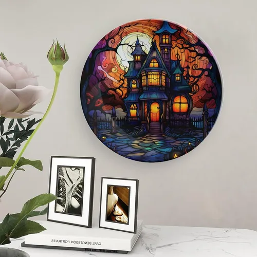 Miniatura 5 de Platos decorativos, diseño de casa embrujada de Halloween, plato de cerámica con soporte de exhibición, decoración para colgar en la pared