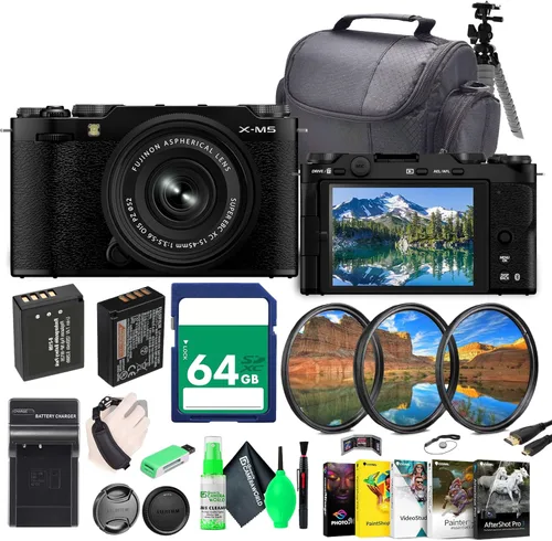 Fujifilm X-M5 - Cámara digital sin espejo con Fuji XC 0.591-1.772 in f/3.5-5.6 OIS PZ, kit de lente OIS PZ, paquete negro con tarjeta de memoria de