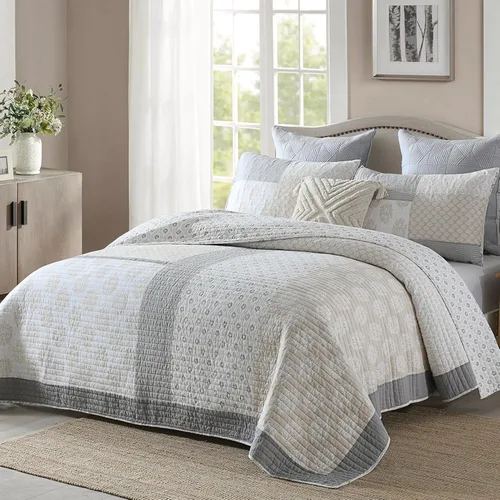 Miniatura 11 de PANGUSHAN Juego de edredón tamaño Queen, 100% algodón, juego de ropa de cama tamaño Queen, juego de edredón reversible floral de retazos