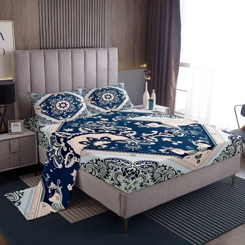 Miniatura 22 de Erosebridal Juego de sábanas y fundas de almohada vintage con estampado floral oriental para niños pequeños, juego de sábanas de medallón persa