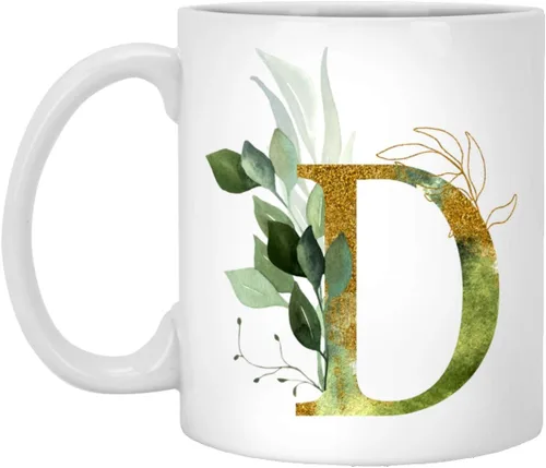 Taza de café Alpha/D con letra D, monograma del alfabeto D, taza de té floral dorada brillante para cumpleaños, Navidad, día de la madre, 11 onzas