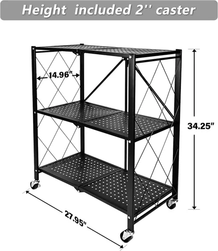 Miniatura 3 de HealSmart Estantería de metal plegable de 3 niveles con ruedas, estantes organizadores para garaje y cocina con capacidad de hasta 750 libras