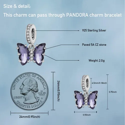 Miniatura 4 de Dijes de mariposa para pulseras dijes colgantes de plata de ley 925 para pulseras y collares con circonitas cúbicas multicolor 5A cumpleaños día