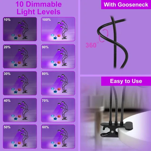 Miniatura 5 de Luz LED negra, lámpara UV de 15 W con USB, luz UV de cuello de cisne regulable de tres cabezales, longitud de onda de 389-405 nm, luces negras