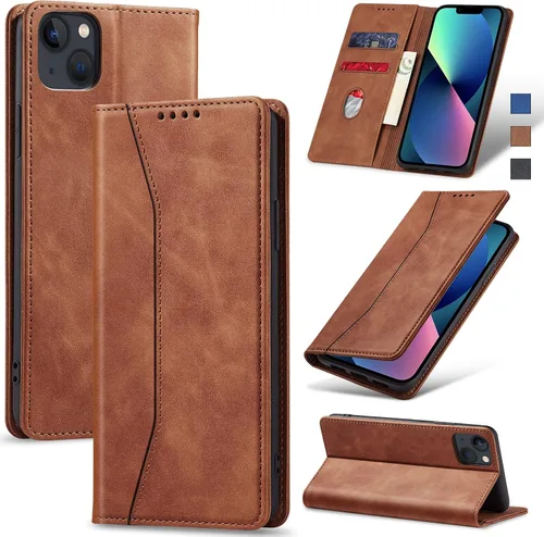 Jasonyu Funda tipo cartera con tapa para iPhone 13, funda magnética de cuero con tarjetero y función atril, funda protectora duradera de TPU a Marrón