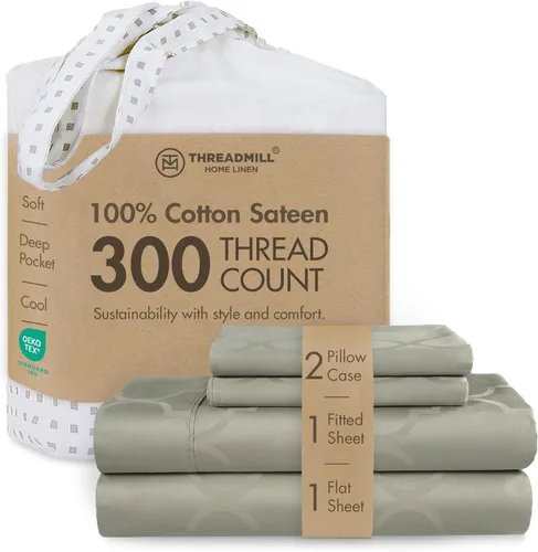 Miniatura 15 de Threadmill Sábanas 100% Algodón para Cama Tamaño King Juego de Sábanas de 4 Piezas para Cama King Suave, Transpirable y Ligero Satén de Damasco