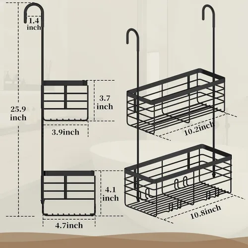Miniatura 4 de DELLAN Organizador Colgante de Ducha de 2 Niveles, Estante de Ducha con Ganchos Sobre la Puerta, Organizador y Cesta Colgante de Acero Inoxidable