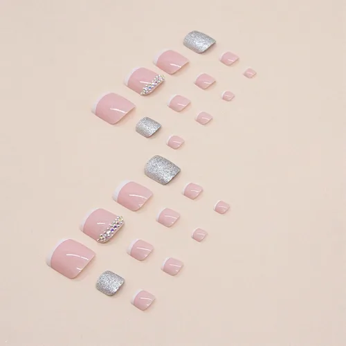 Miniatura 6 de Uñas postizas a presión con punta francesa blanca, uñas postizas cuadradas con diamantes de imitación, acrílico, rosa, polvo de purpurina, puntas