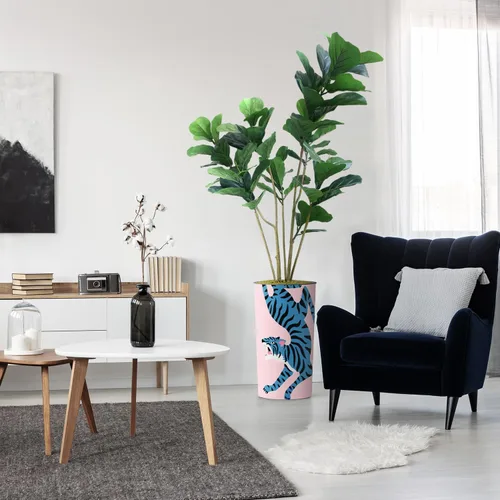Miniatura 19 de Árbol artificial en macetero contemporáneo con patrón de margaritas, árbol de seda falso Ficus Lyrata para decoración del hogar en interiores