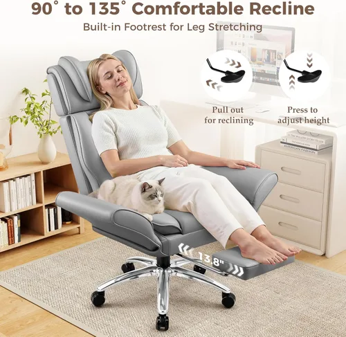 Miniatura 6 de Big and Tall Office Chair, Flip Armrests for Cross Legged Sitting, Ergonomic Leather Executive Desk Chair with Foot Rest, High-Back Reclining