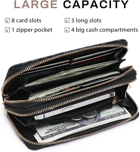 Miniatura 4 de Dasein Cartera con bloqueo RFID para mujer, bolsa de mano de gran capacidad, funda para teléfono con correa para la muñeca, Ds-negro, Cartera