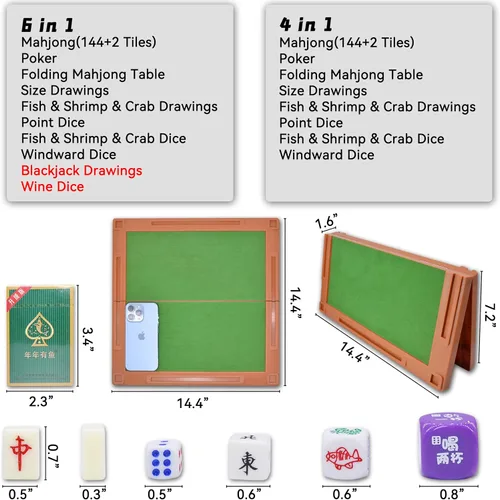 Miniatura 2 de drizzle Set de Mahjong de viaje 6 en 1 con mesa de Mahjong - 146 azulejos tamaño portátil Mah-Jongg - dibujos de tamaño póker de peces, gambas