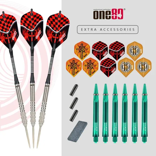 Miniatura 6 de ONE80 - Dardo de punta de acero profesional de tungsteno 90% VHD, estilo barril con vuelos extra, ejes y sacapuntas, caja de regalo con empaque
