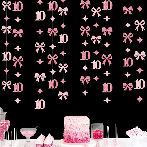 Miniatura 18 de Decoraciones negras de cumpleaños número 10, guirnalda de estrellas centelleantes con diseño de círculos, telón de fondo metálico para niñas, niños