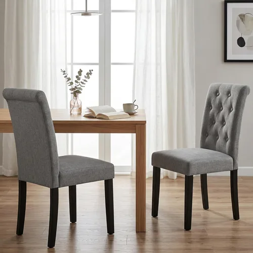 Juego de 4 sillas de comedor tapizadas de tela y con detalles de botones incrustados