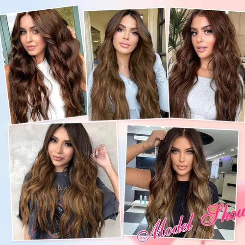 Miniatura 7 de EMMOR Peluca larga y ondulada marrón mixta para mujer, pelucas de encaje frontal, aspecto natural, 26 pulgadas, parte media, peluca rizada