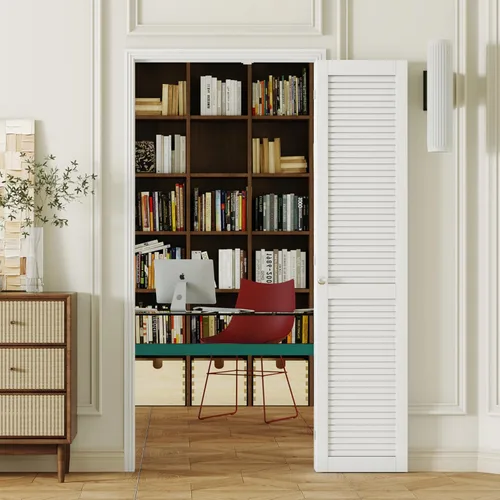 Miniatura 30 de Puerta plegable de 180 grados, para aberturas de 30 ″ x 80 ″, puerta plegable esmerilada blanca 3-Lite con bisagras, juego de herrajes para puertas