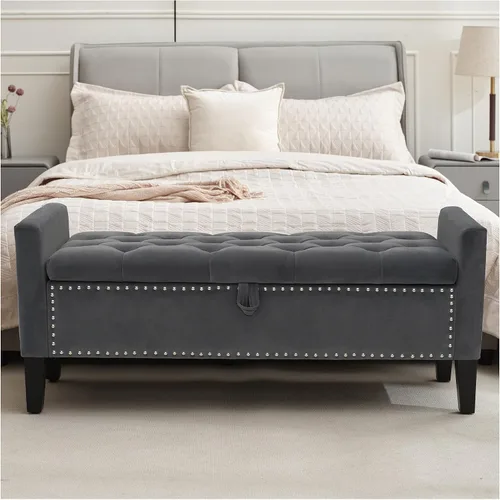 Miniatura 8 de Banco otomano de almacenamiento, reposapiés tapizado de terciopelo para dormitorio y sala de estar, asiento copetudo con almacenamiento, patas