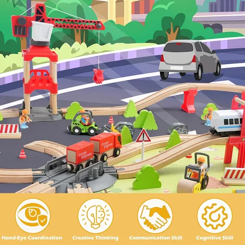 Miniatura 2 de Juego de Tren de Madera de 104 Piezas para Niños Pequeños, Trenes Magnéticos con Vía para Niños de 3 a 6 Años, Compatible con las Principales