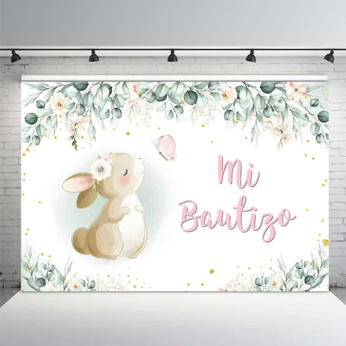 MEHOFOND Telón de fondo de bautismo Mi Bautizo de 7 x 5 pies, Dios bendiga la primera comunión, conejito de bautizo, acuarela, rosa, floral, recién