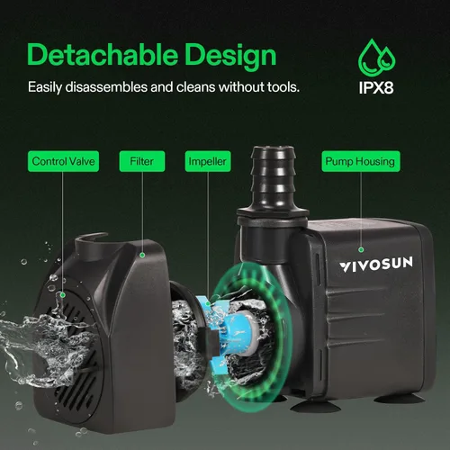 Miniatura 4 de VIVOSUN Bomba sumergible de 660GPH, bomba de acuario de 2500L/H 35W, bomba de fuente ultra silenciosa con 8.2 pies/2.5m de elevación alta