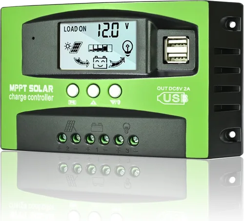 Controlador de carga solar MPPT de 30 A, regulador de panel solar de seguimiento automático de 12 V/24 V con pantalla LCD, puerto USB dual, modos de