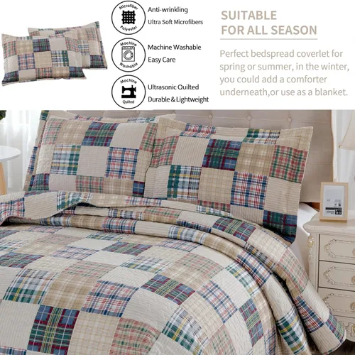 Miniatura 4 de Juego de edredón tamaño Queen, colcha a cuadros, cubrecama Queen, edredones Queen de retazos, ropa de cama para hombres colección a cuadros, colcha